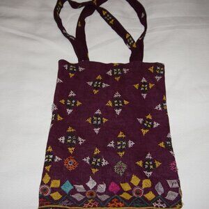 Vintage purple embroidered cotton bag 11x15 flowers mirrors India hand made